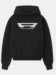 Rhude Racing R Logo Front‑Back Graphic Cropped Hoodie Black