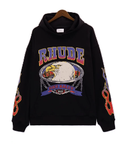 Rhude Bike Rally Eagle Chain Flame‑Sleeve Graphic Hoodie Black