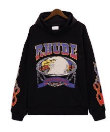 Rhude Bike Rally Eagle Chain Flame‑Sleeve Graphic Hoodie Black