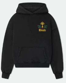 Rhude Tabacos Supremos Cigar Crest Front‑Back Graphic Cropped Hoodie Black