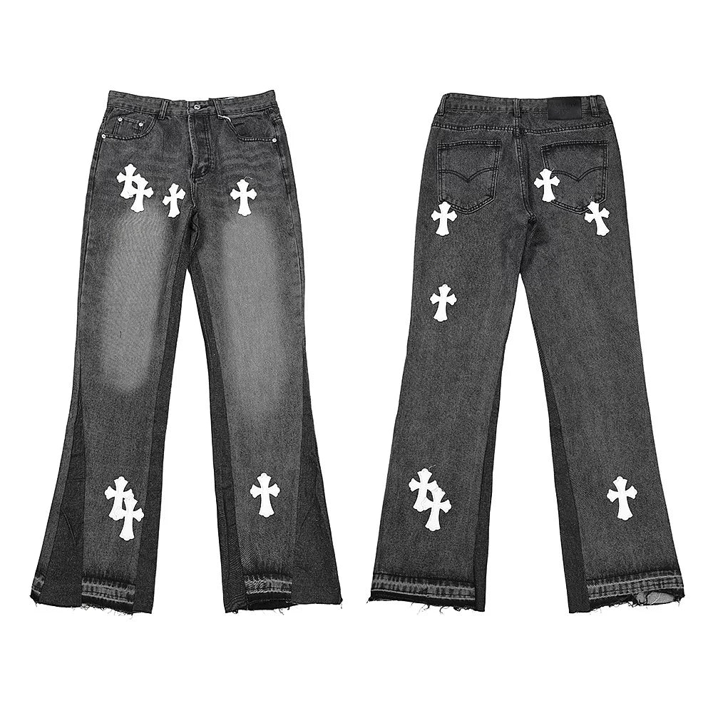 Gallery Dept White Cross Patch Vintage Black‑Wash Flare Denim Jeans
