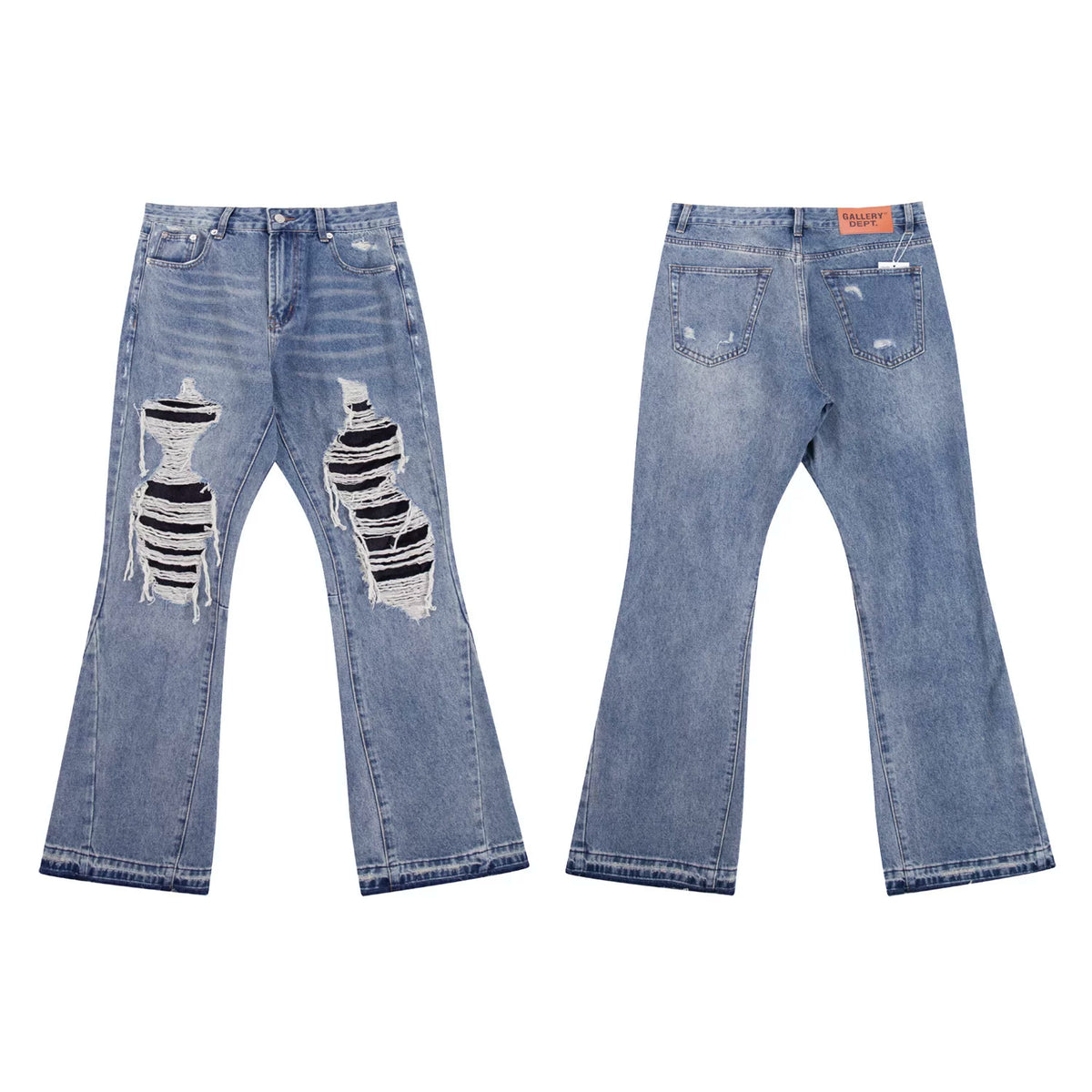 Gallery Dept Heavy Frayed Patchwork Distressed Flare Denim Jeans Light‑Blue Vintage Wash