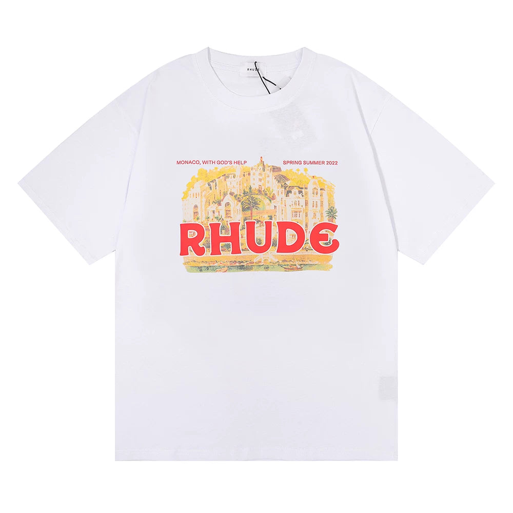 Rhude Monaco City Landscape Vintage Postcard Graphic Tee White