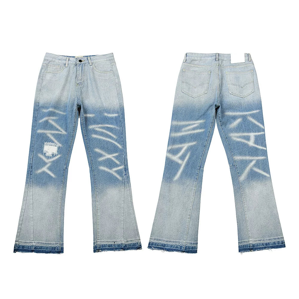 Gallery Dept Graffiti Print Ripped Flare Denim Jeans Gradient Light Wash Blue