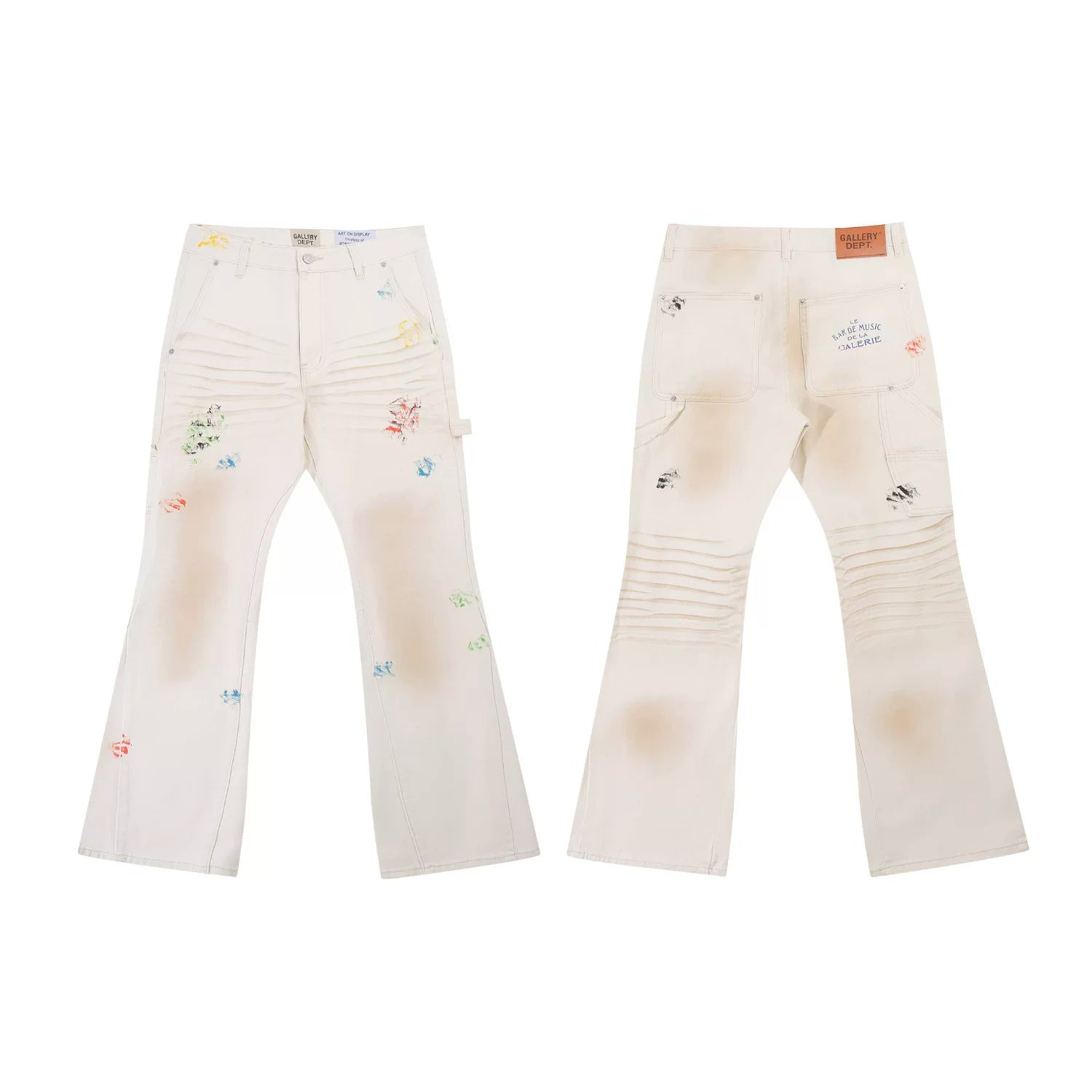 Gallery Dept Multi‑Color Paint‑Print Biker Carpenter Flare Denim Jeans Cream Vintage Wash