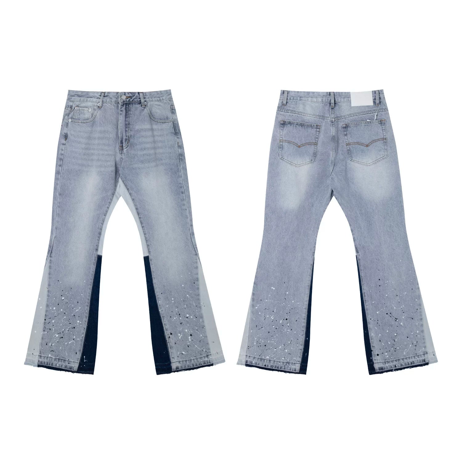 Gallery Dept Two‑Tone Contrast Panel Paint‑Splatter Flare Denim Jeans Washed Grey‑Blue