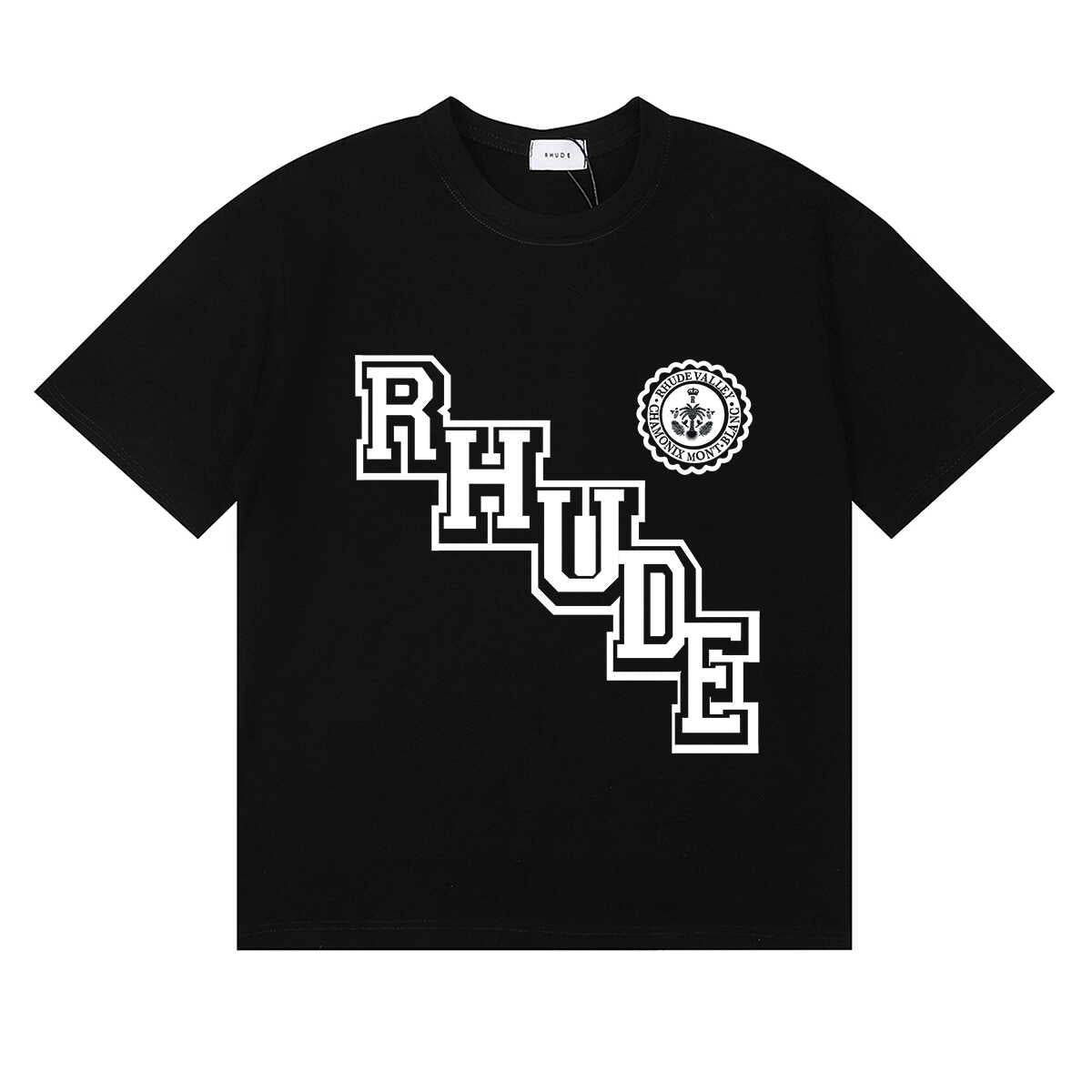 Rhude Diagonal Varsity Letter Seal Crest Graphic Tee Black