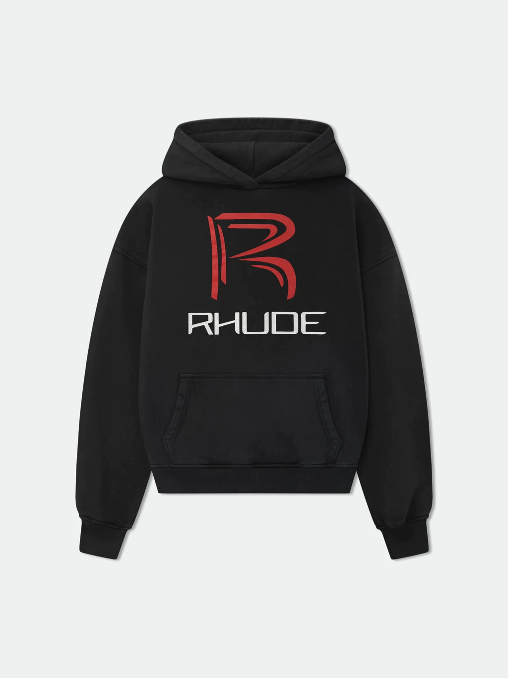 Rhude Red R Logo Graphic Cropped Hoodie Black