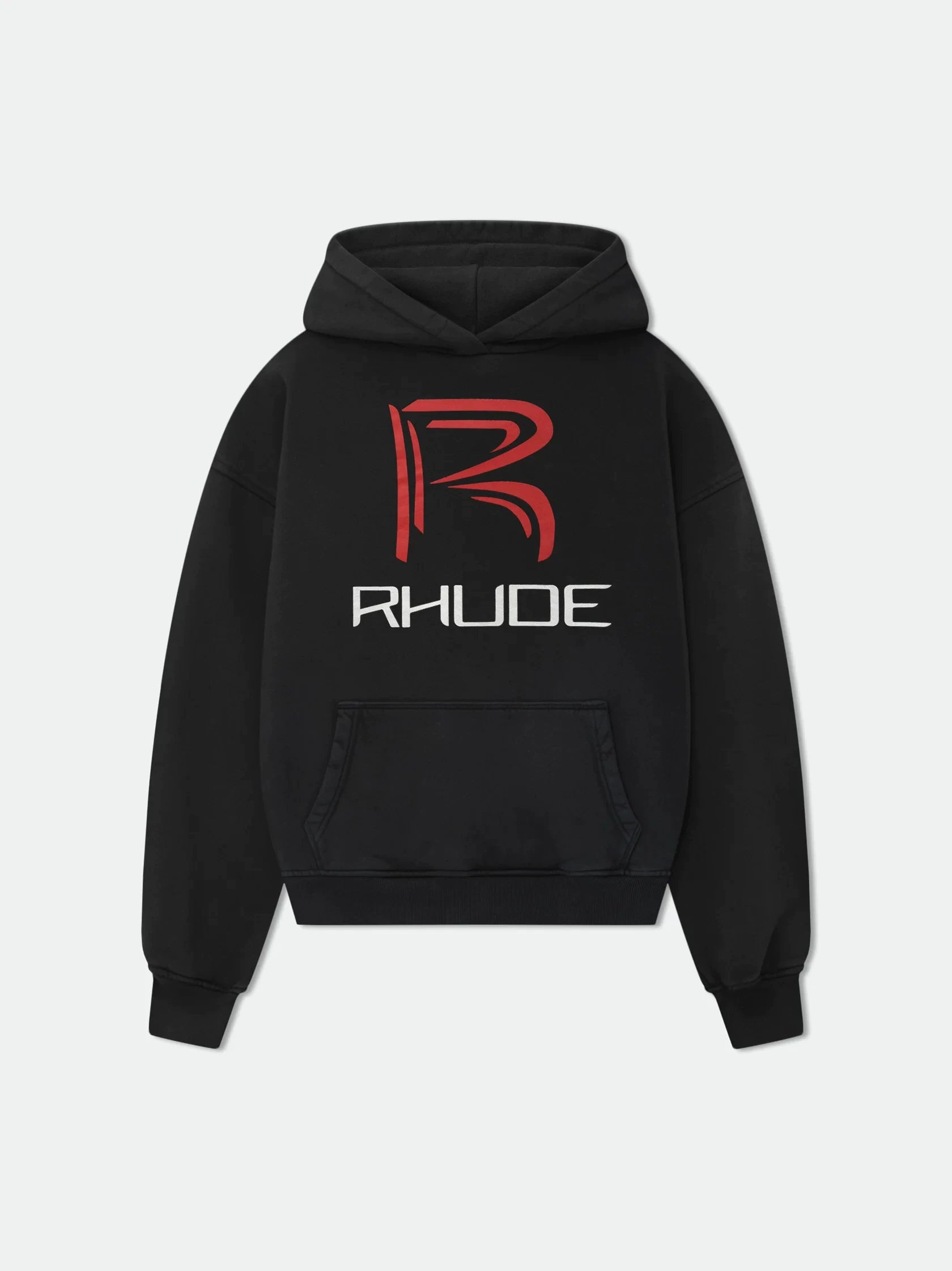 Rhude Red R Logo Graphic Cropped Hoodie Black
