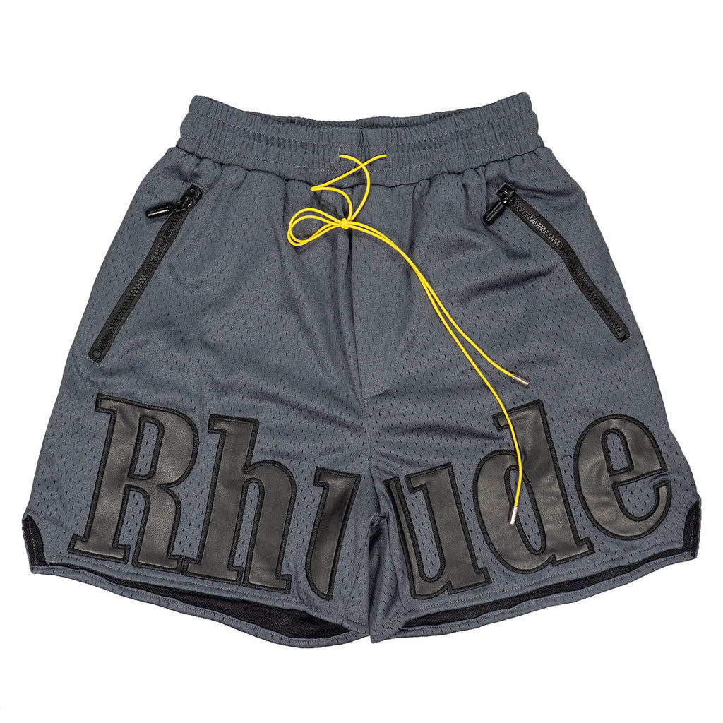 Rhude Big Leather Patch Logo Mesh Basketball Shorts Dark Grey