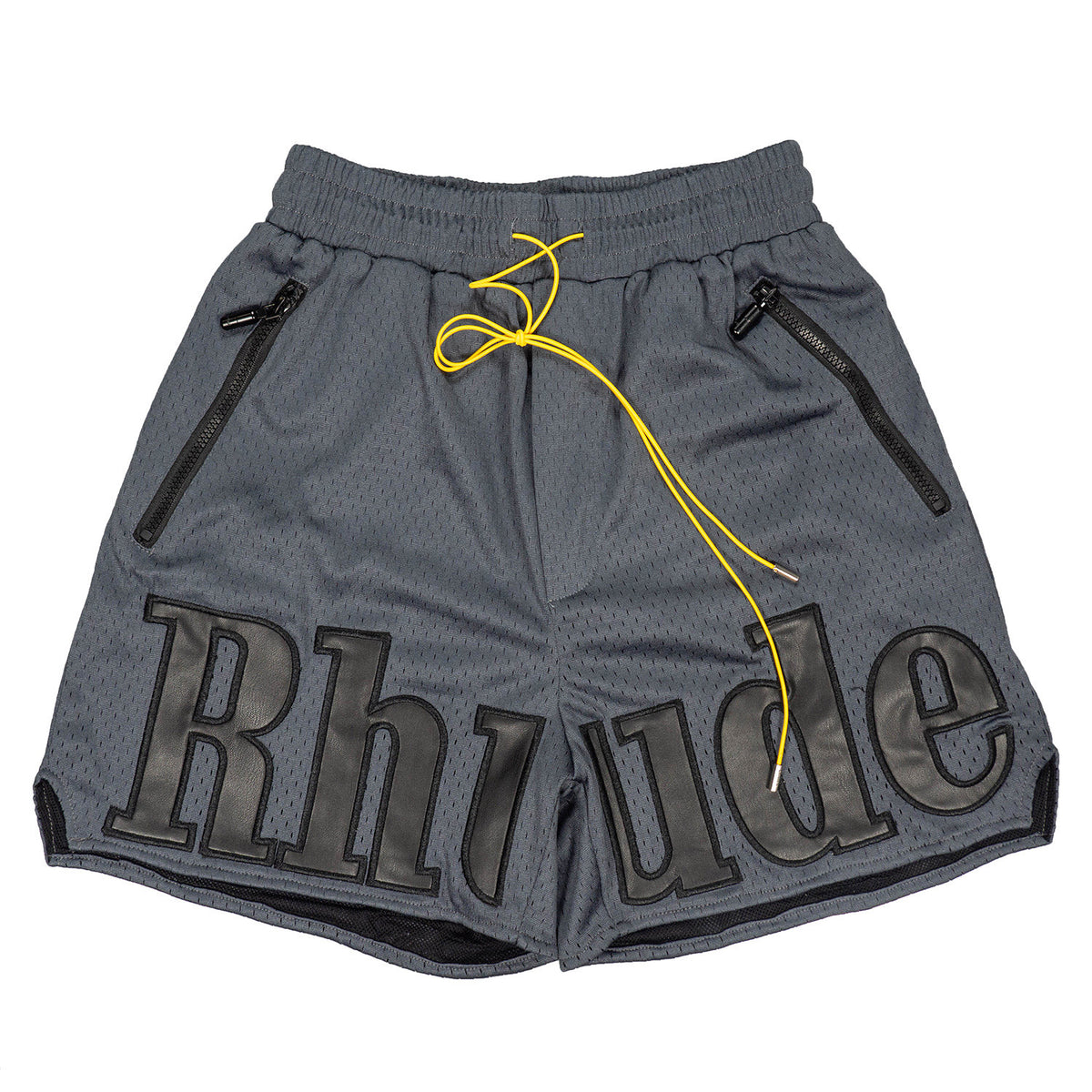 Rhude Big Leather Patch Logo Mesh Basketball Shorts Dark Grey