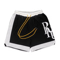 Rhude Large Side Letter Color‑Block Mesh Basketball Shorts Black White