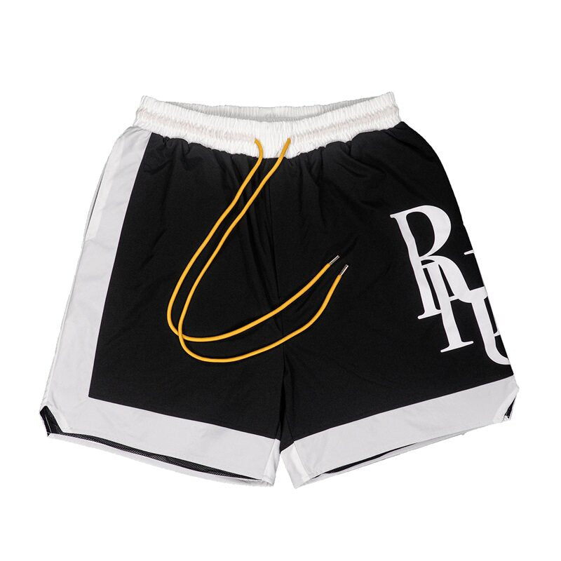 Rhude Large Side Letter Color‑Block Mesh Basketball Shorts Black White