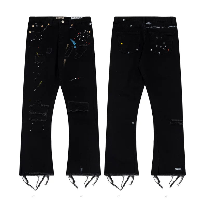 Gallery Dept Multi‑Color Paint‑Splatter Ripped Flare Denim Jeans Black Wash
