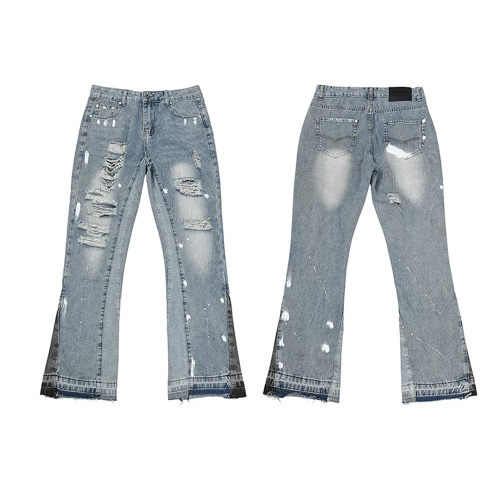 Gallery Dept Heavy Ripped Patchwork Paint‑Splatter Light‑Wash Flare Denim Jeans