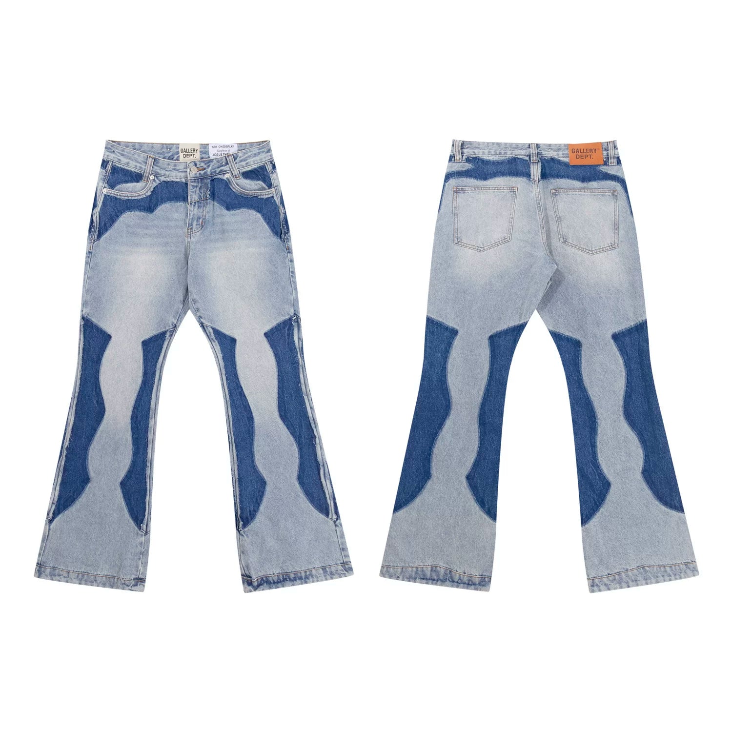 Gallery Dept Wavy Contrast Patchwork Flare Denim Jeans Two‑Tone Blue Wash