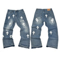 **Gallery Dept White Cross Leather‑Patch Distressed Flare Denim Jeans Medium Wash
