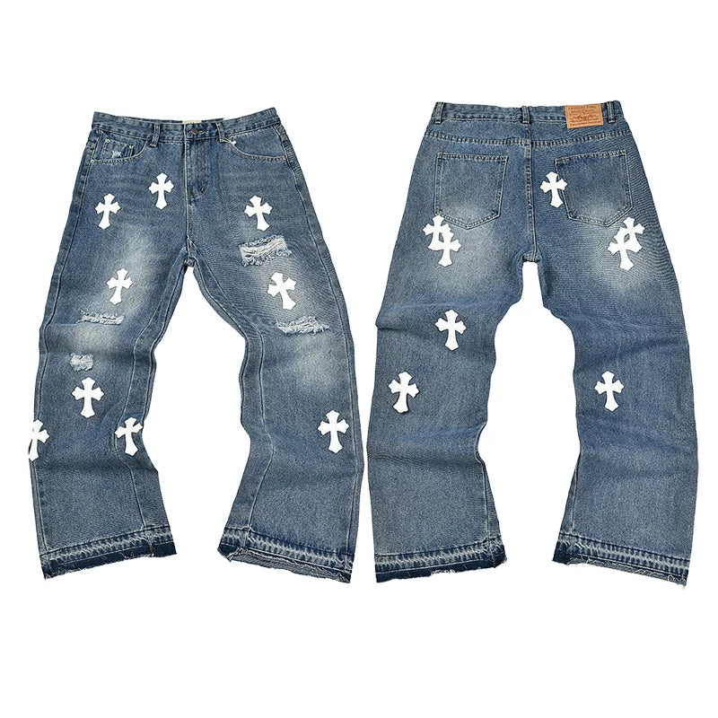 **Gallery Dept White Cross Leather‑Patch Distressed Flare Denim Jeans Medium Wash
