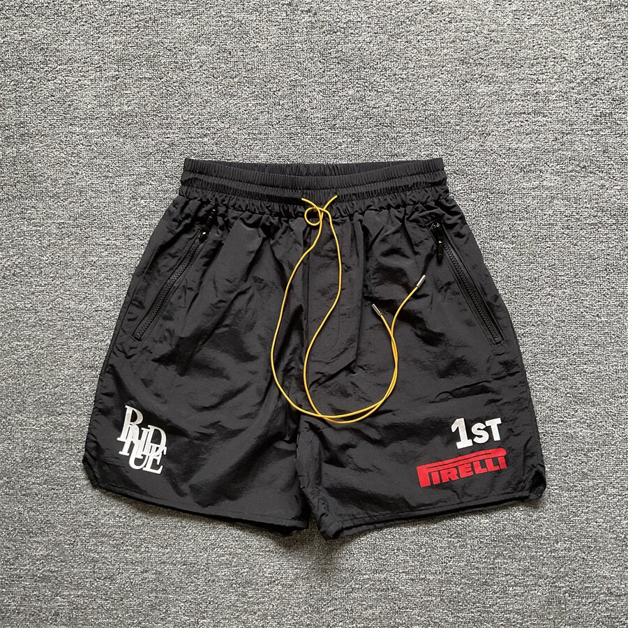 Rhude 1st Pirelli Graphic Nylon Casual Shorts Black