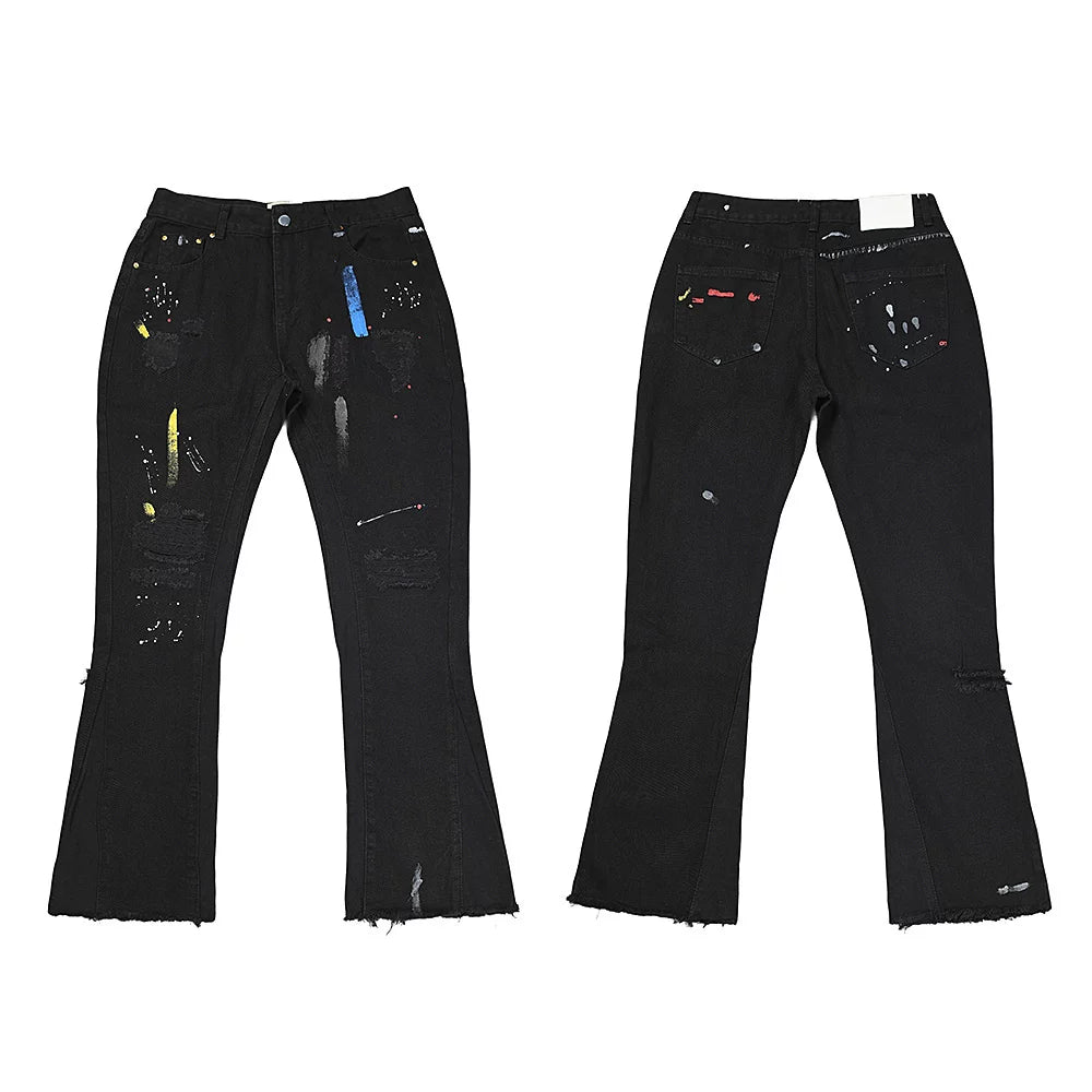 Gallery Dept Multi‑Color Paint‑Splatter Distressed Black Flare Denim Jeans