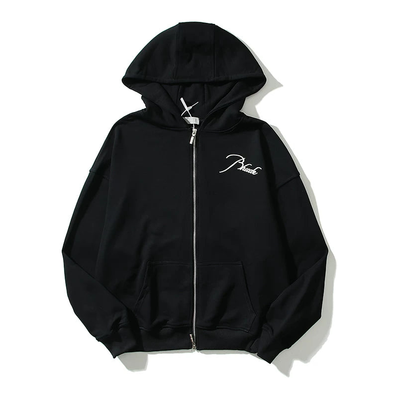 Rhude Script Logo Left Chest Zip‑Up Cropped Hoodie Black