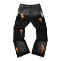 Gallery Dept Orange Cross Patch Paint‑Splatter Flare Denim Jeans Black Vintage Wash