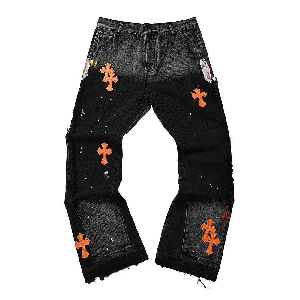 Gallery Dept Orange Cross Patch Paint‑Splatter Flare Denim Jeans Black Vintage Wash