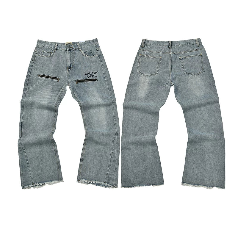 Gallery Dept Zipper‑Detail Logo Embroidered Flare Denim Jeans Light Wash