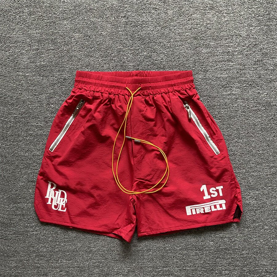 Rhude 1st Pirelli Graphic Nylon Casual Shorts Red