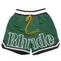 Rhude Big Outline Logo Striped Trim Mesh Basketball Shorts Green