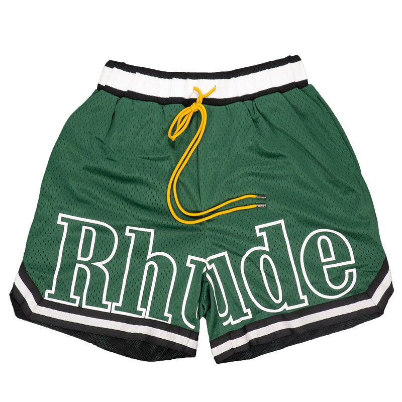 Rhude Big Outline Logo Striped Trim Mesh Basketball Shorts Green