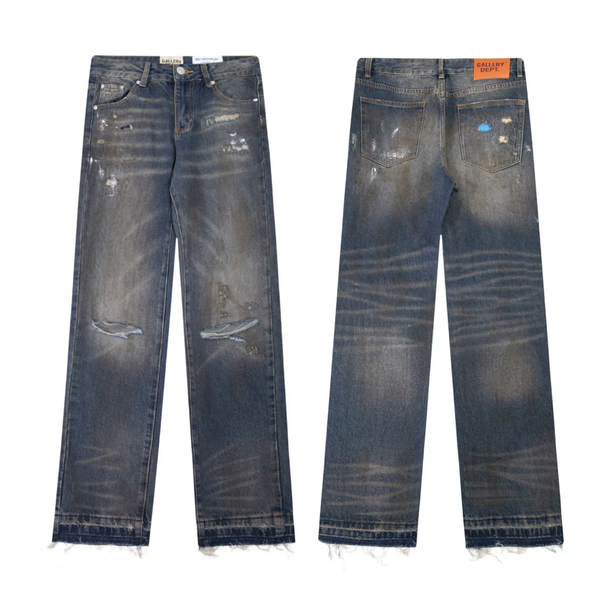 Gallery Dept Ripped Paint‑Splatter Wide‑Leg Denim Jeans Dark Vintage Black‑Blue Wash