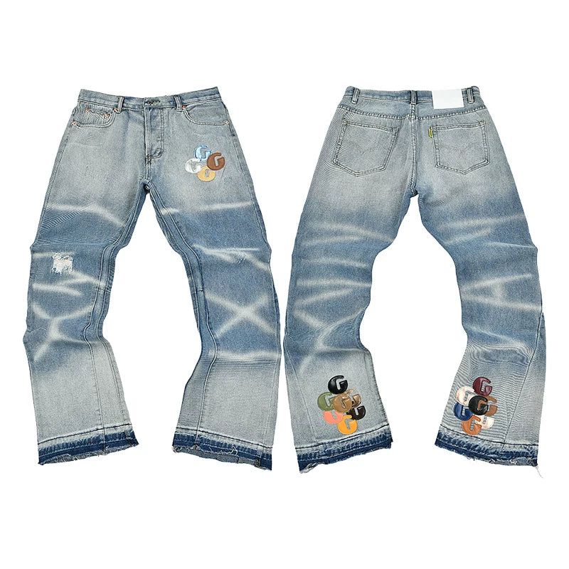 Gallery Dept Multi‑Color Logo‑Patch Faded Wave‑Wash Flare Denim Jeans