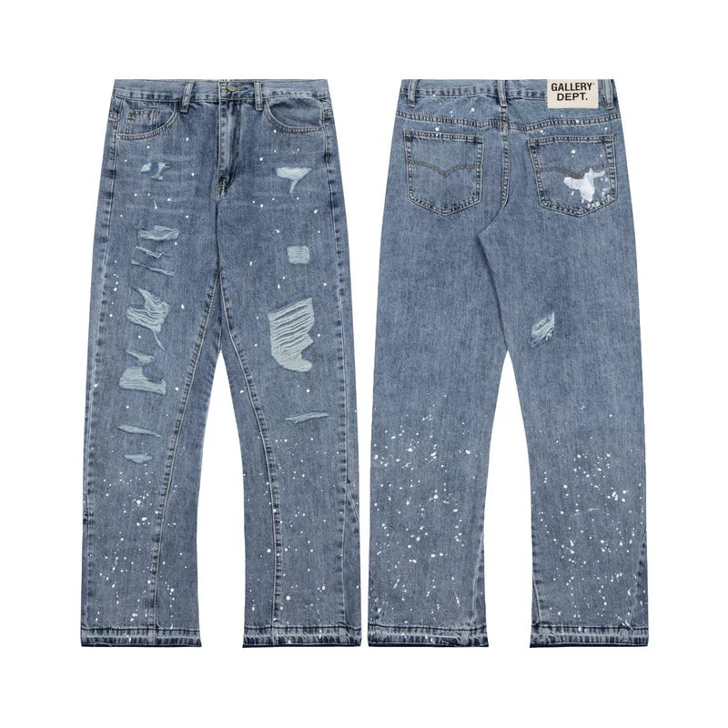 Gallery Dept Ripped Paint‑Splatter Flare Denim Jeans Light Wash Blue