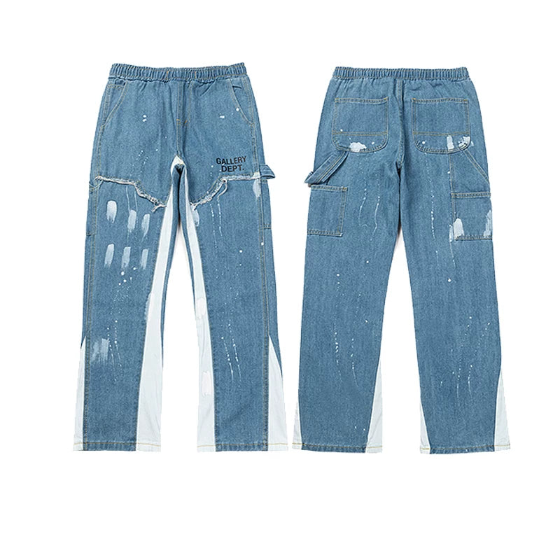 Gallery Dept Paint‑Splatter Elastic Waist Carpenter Flare Denim Pants Light Wash