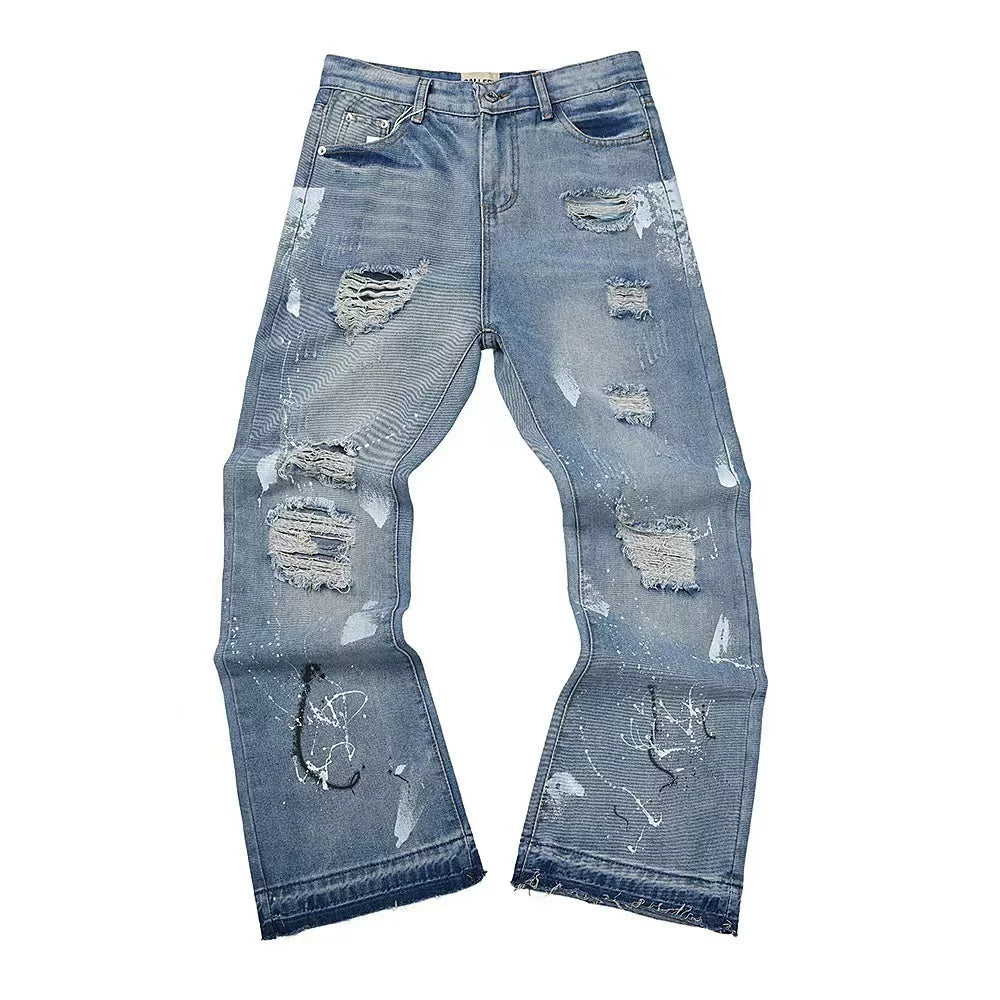 Gallery Dept Multi‑Ripped Paint‑Splatter Flare Denim Jeans Light Blue Vintage Wash