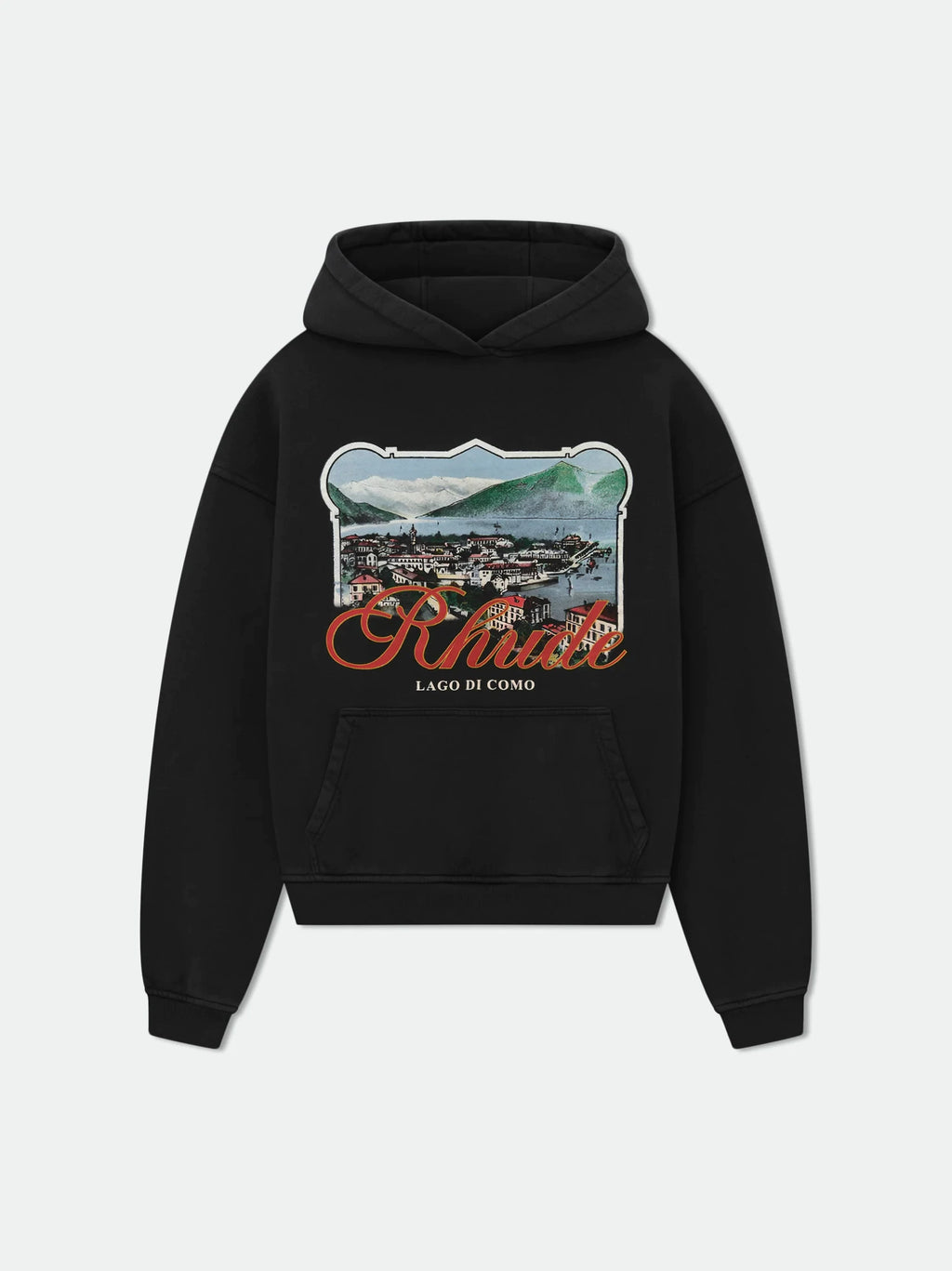 Rhude Lago Di Como Vintage Postcard Graphic Cropped Hoodie Black