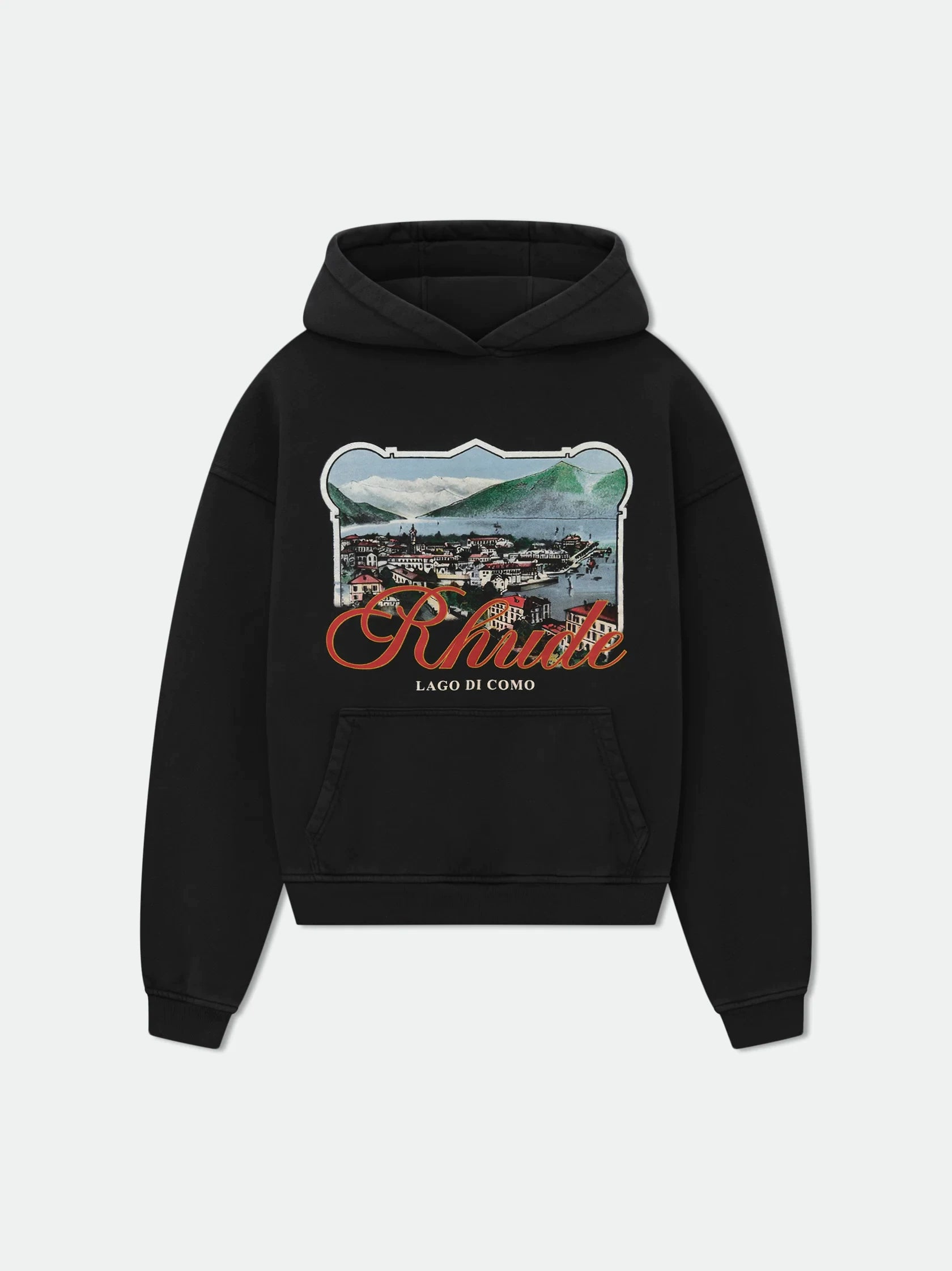 Rhude Lago Di Como Vintage Postcard Graphic Cropped Hoodie Black