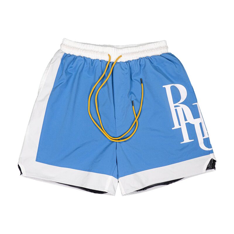 Rhude Large Side Letter Color‑Block Mesh Basketball Shorts Blue White
