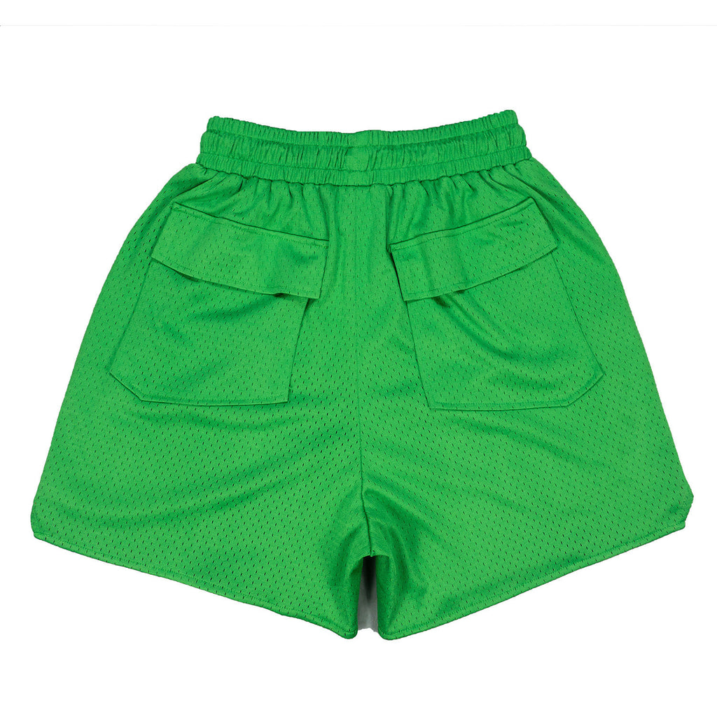 Rhude Big Leather Patch Logo Mesh Basketball Shorts Bright Green