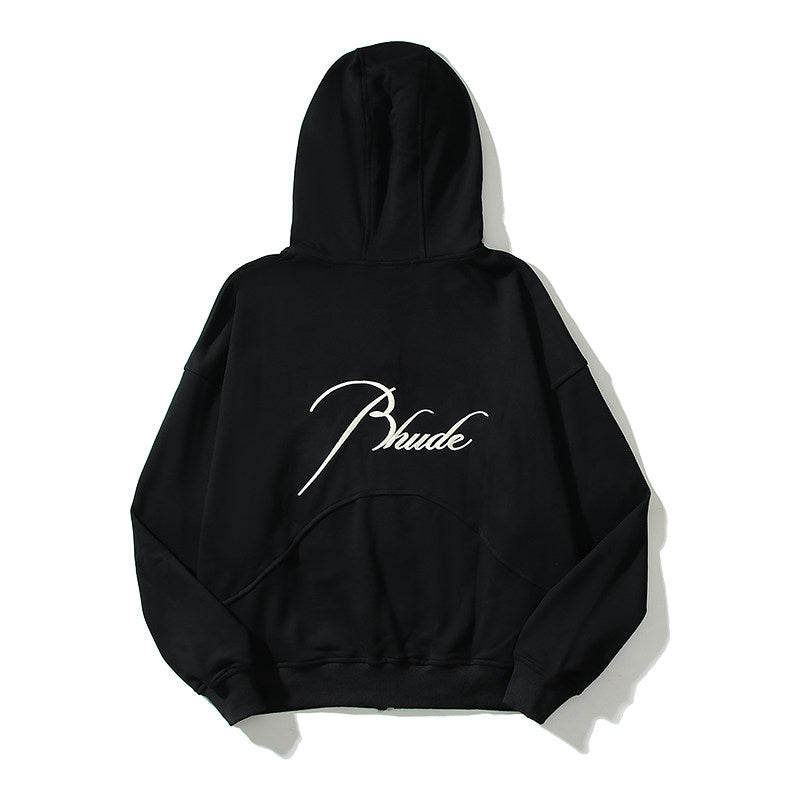 Rhude Script Logo Left Chest Zip‑Up Cropped Hoodie Black