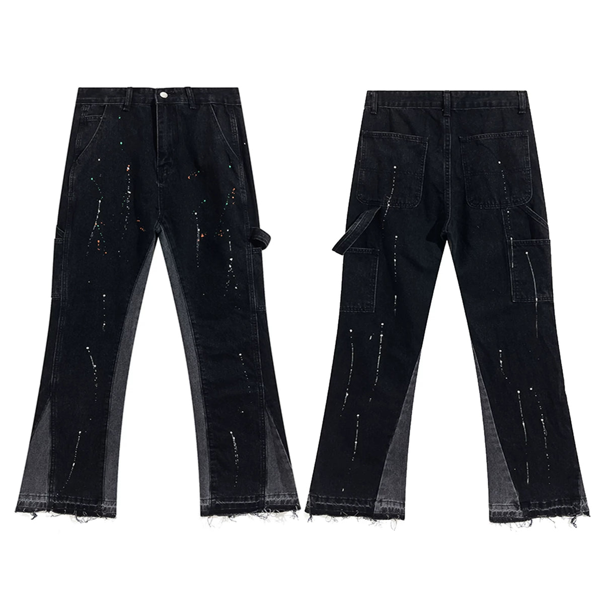 Gallery Dept Paint‑Splatter Cargo Flare Denim Jeans Black Wash
