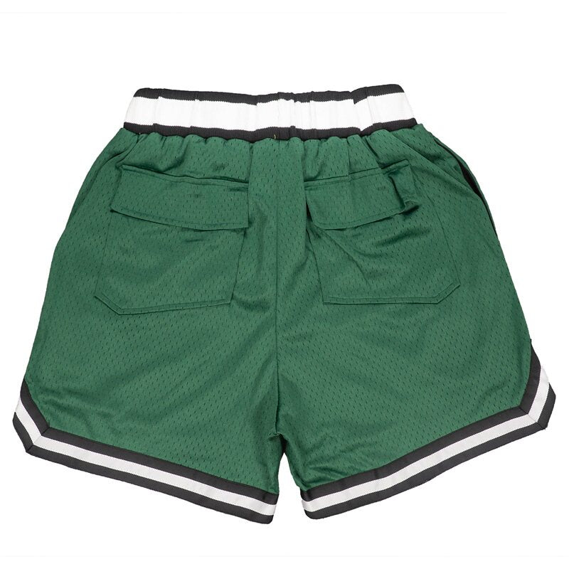 Rhude Big Outline Logo Striped Trim Mesh Basketball Shorts Green