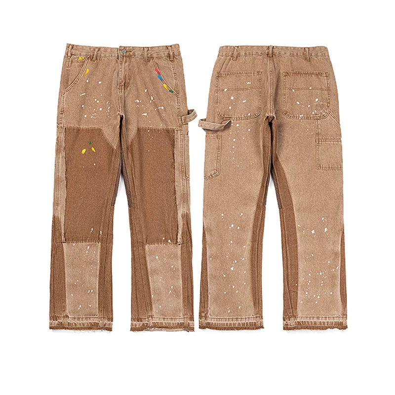 Gallery Dept Multi‑Tone Paint‑Splatter Patchwork Carpenter Flare Pants Khaki Wash