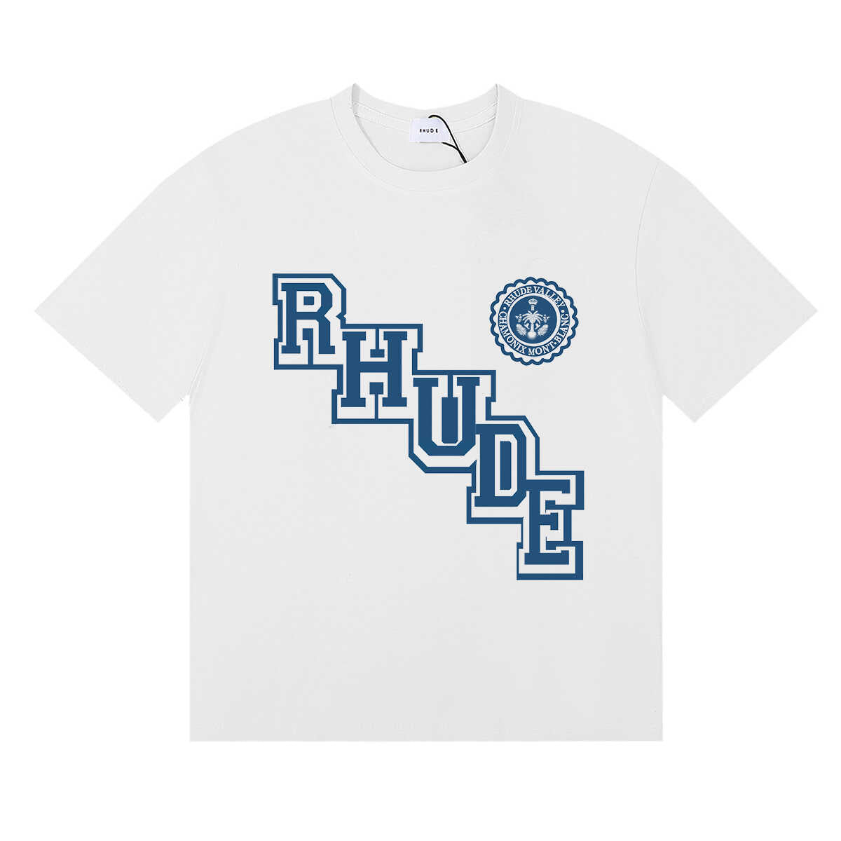 Rhude Diagonal Varsity Letter Seal Crest Graphic Tee White