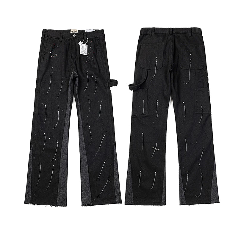 Gallery Dept Black Paint‑Splatter Carpenter Flare Cargo Pants Contrast Inset Panels