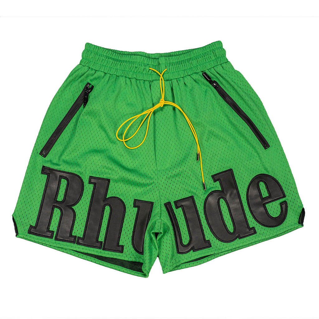 Rhude Big Leather Patch Logo Mesh Basketball Shorts Bright Green