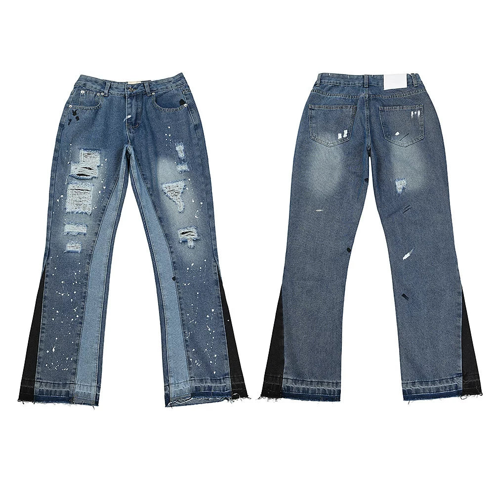 Gallery Dept Ripped Patch Paint‑Splatter Contrast‑Panel Flare Denim Jeans Medium Blue Wash