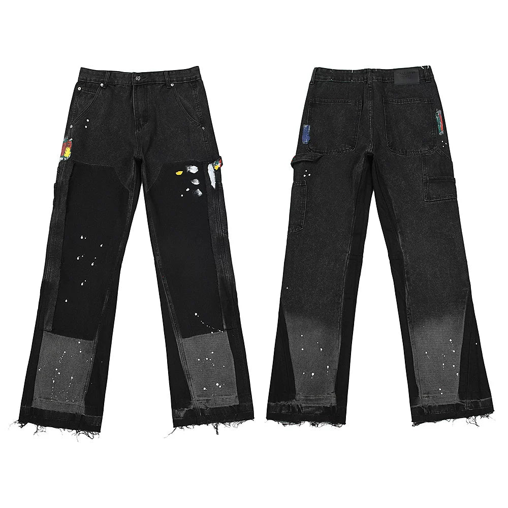 Gallery Dept Patchwork Multi‑Color Paint‑Splatter Cargo Flare Denim Jeans Black Wash