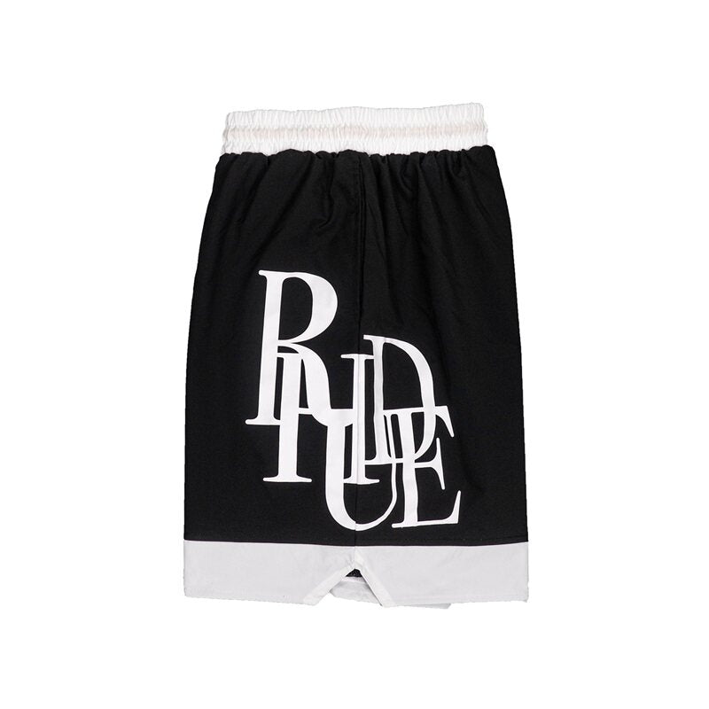 Rhude Large Side Letter Color‑Block Mesh Basketball Shorts Black White
